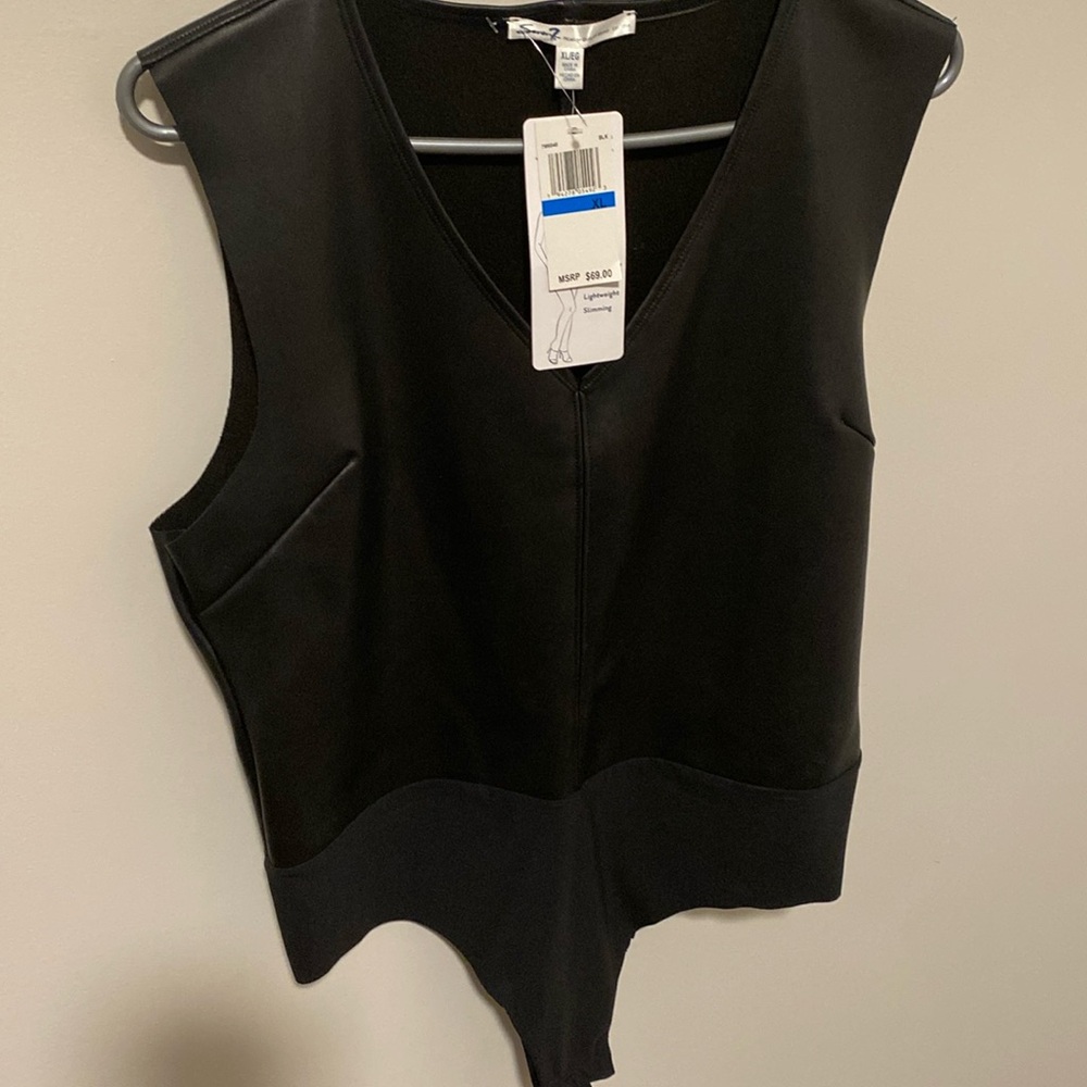 NWT Faux leather SEVEN Black  V-Neck Faux Bodysuit